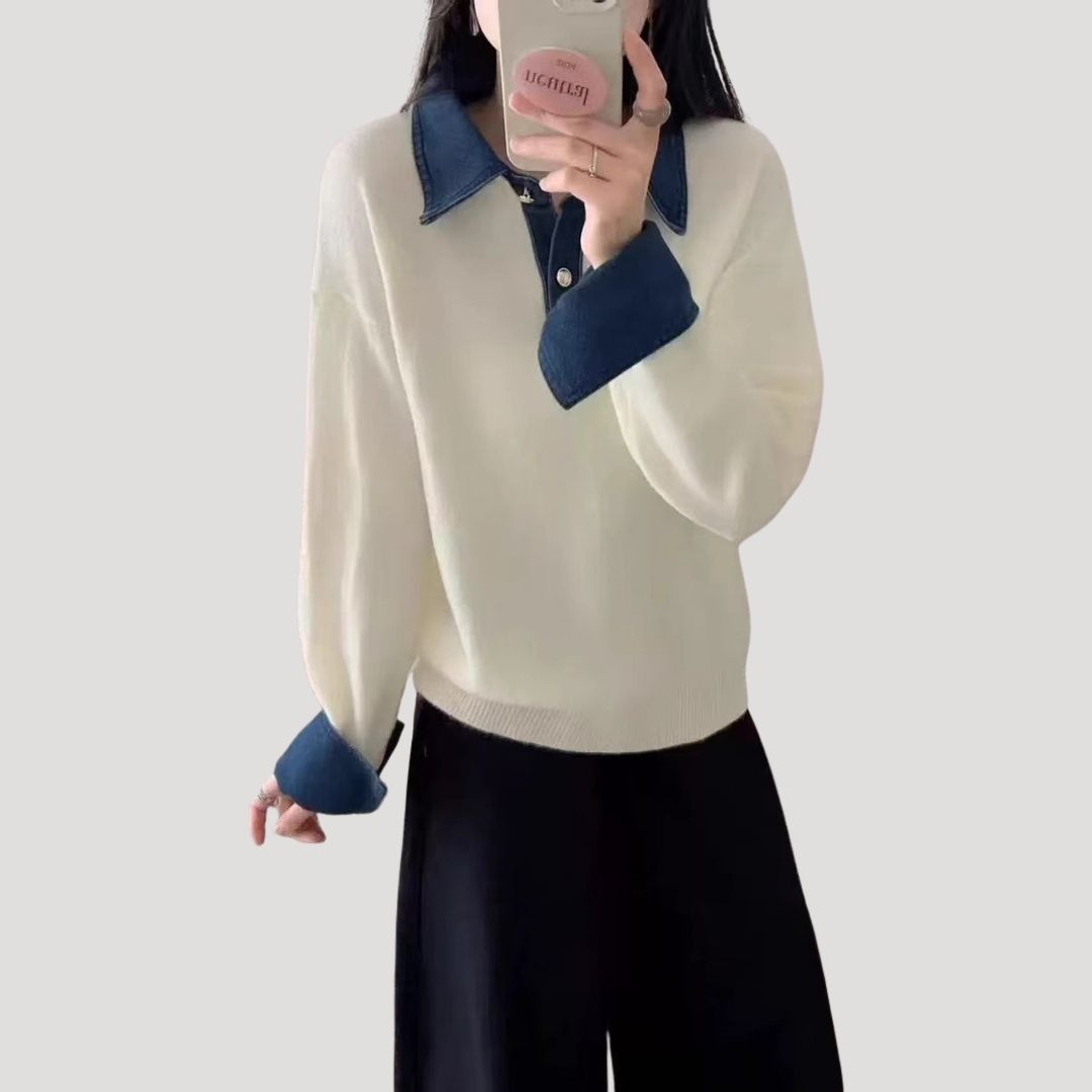 Maglione in lana da donna per l'inverno con colletto a camicia a strati