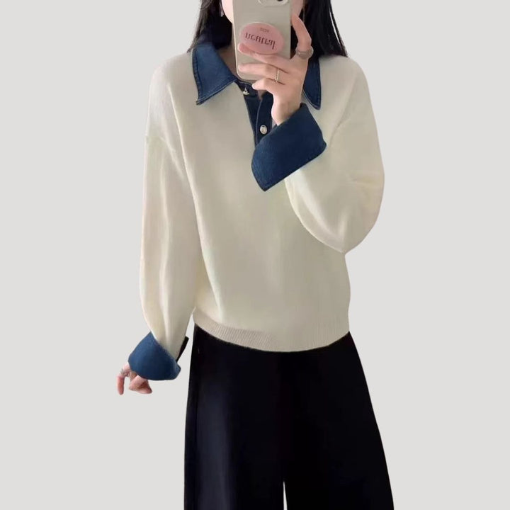 Maglione in lana da donna per l'inverno con colletto a camicia a strati