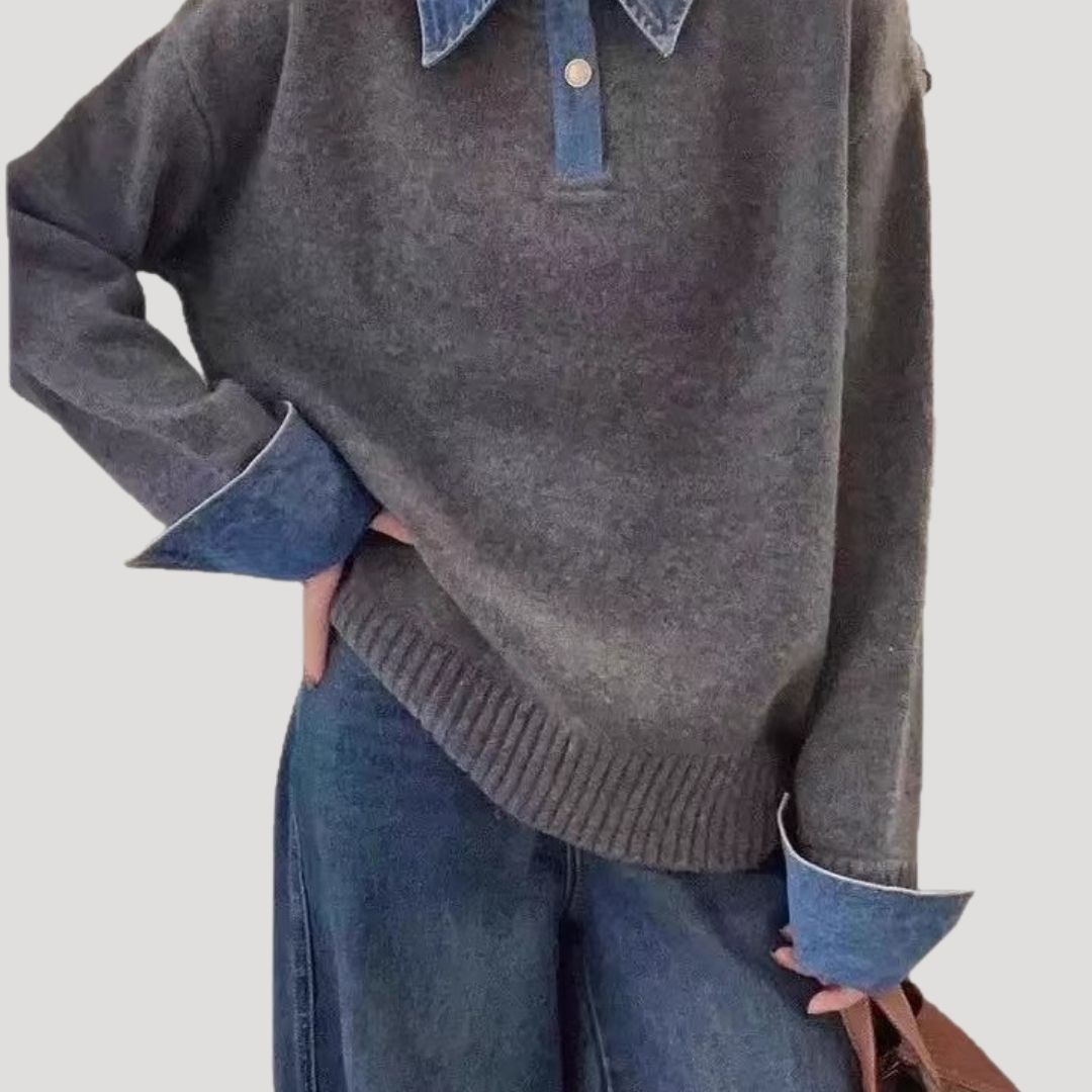 Maglione in lana da donna per l'inverno con colletto a camicia a strati