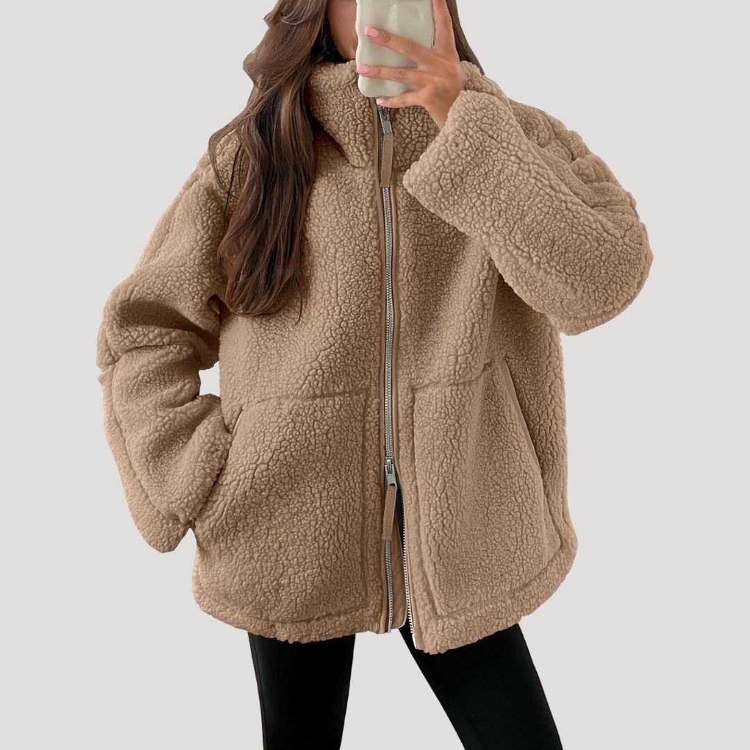 Giacca in pile teddy da donna con zip, soffice e calda per l'inverno