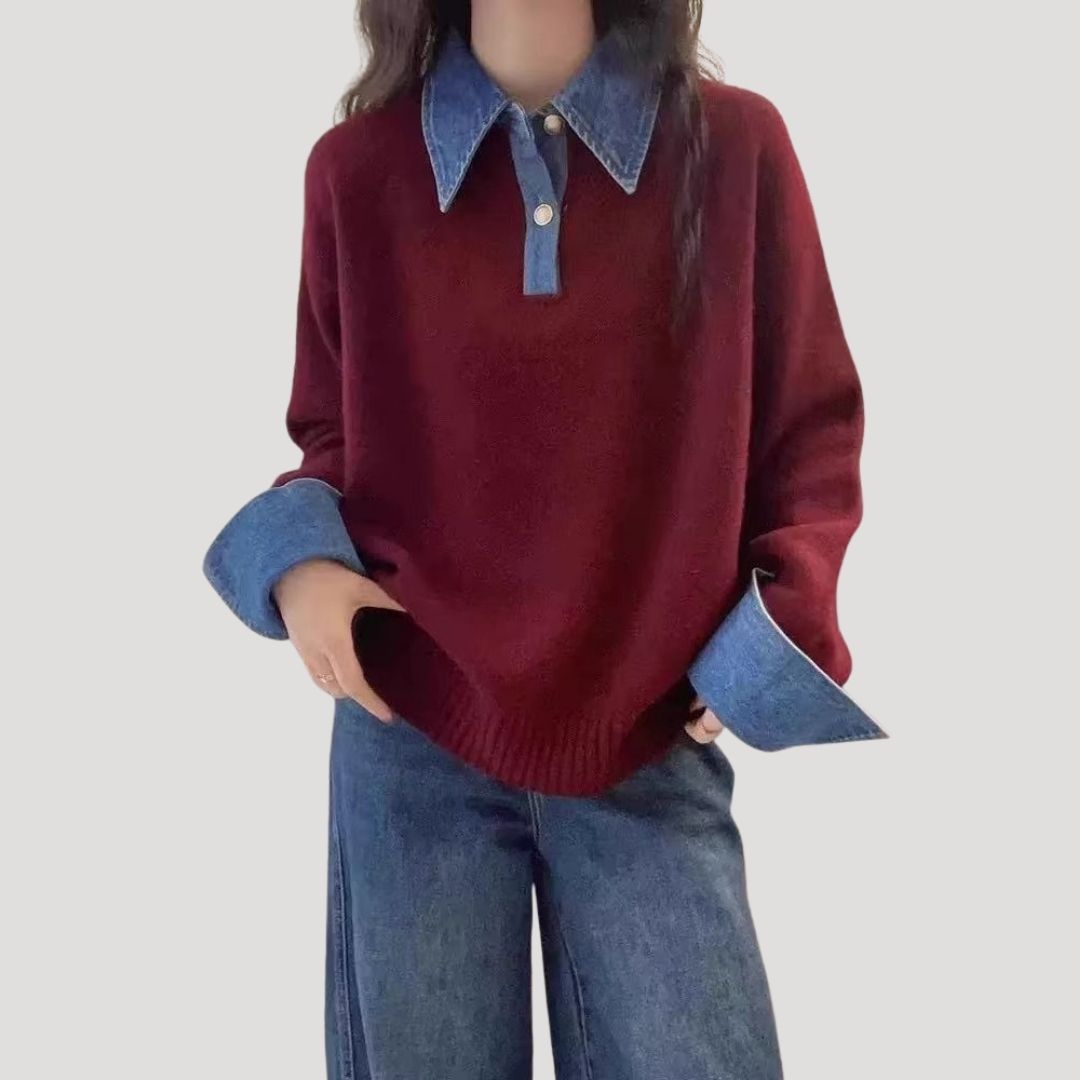 Maglione in lana da donna per l'inverno con colletto a camicia a strati