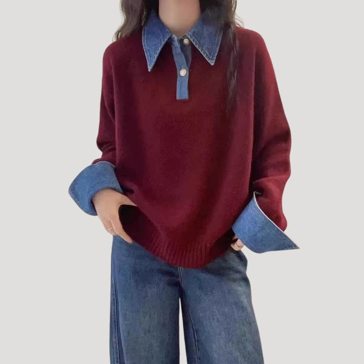 Maglione in lana da donna per l'inverno con colletto a camicia a strati