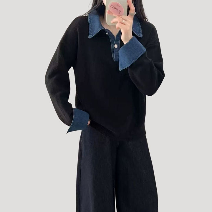 Maglione in lana da donna per l'inverno con colletto a camicia a strati