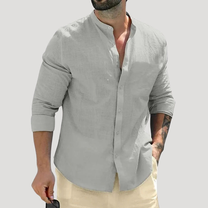 Camicia casual a maniche lunghe in lino con colletto alla "nonno" da uomo