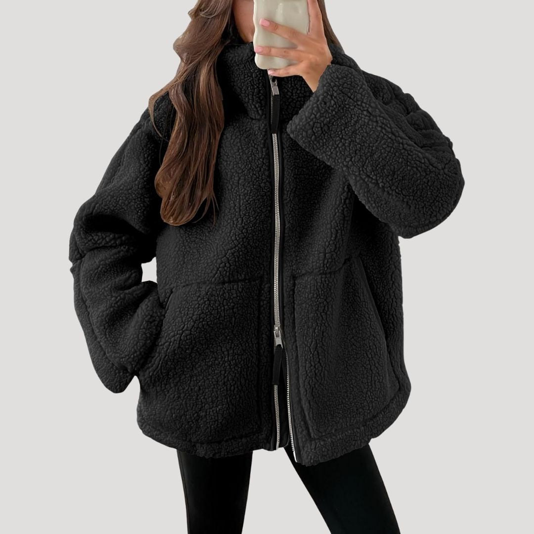 Giacca in pile teddy da donna con zip, soffice e calda per l'inverno