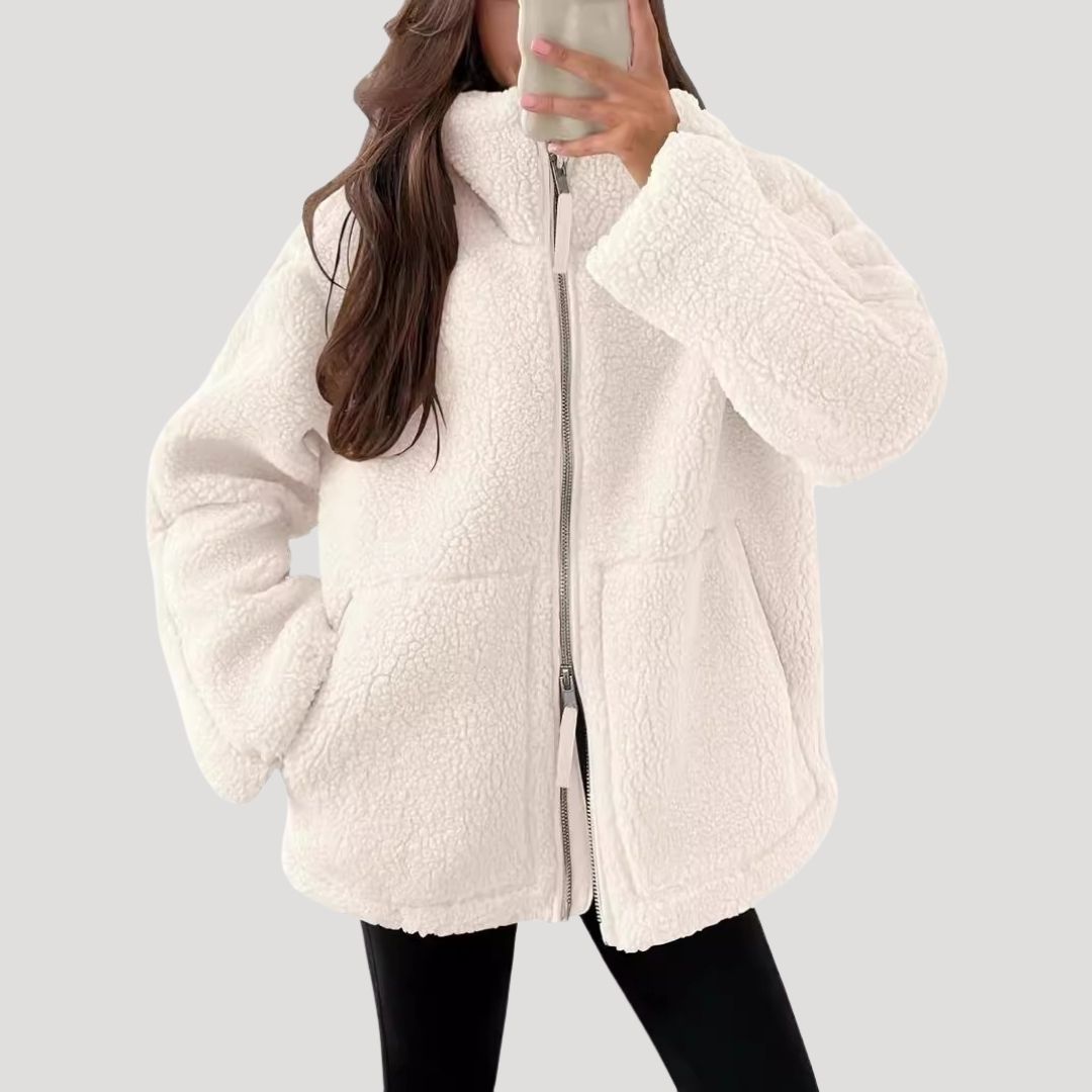 Giacca in pile teddy da donna con zip, soffice e calda per l'inverno