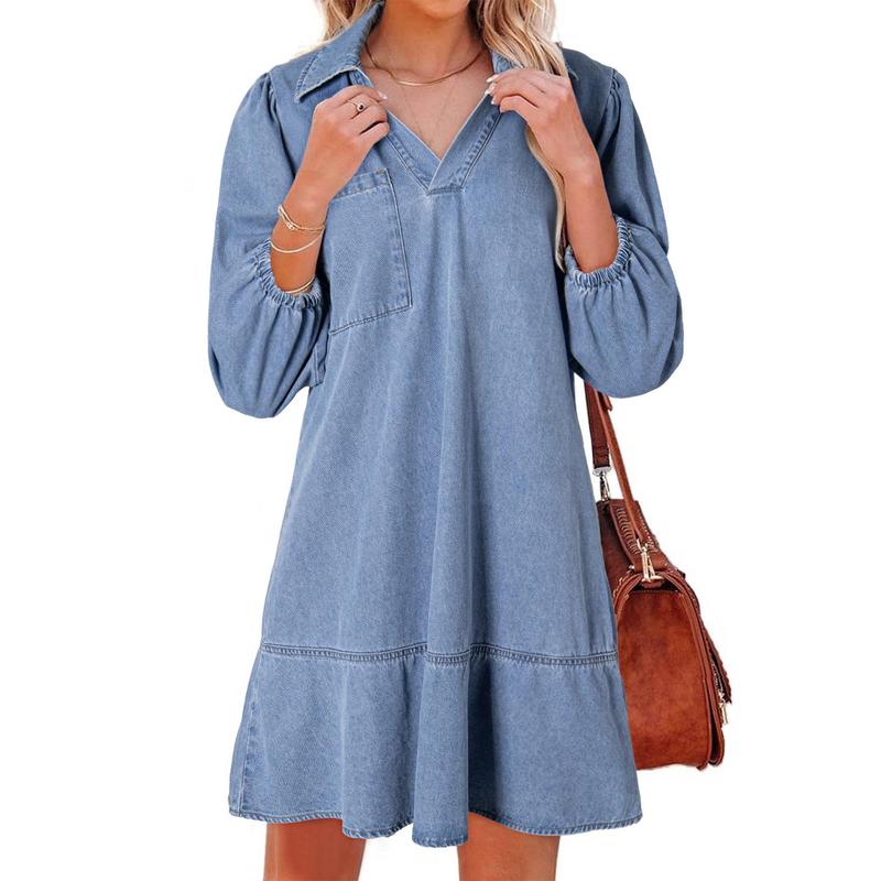 GEMMA™ – Classic Soft Washed Denim Puff Sleeve Dress