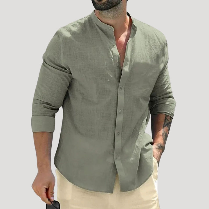 Camicia casual a maniche lunghe in lino con colletto alla "nonno" da uomo