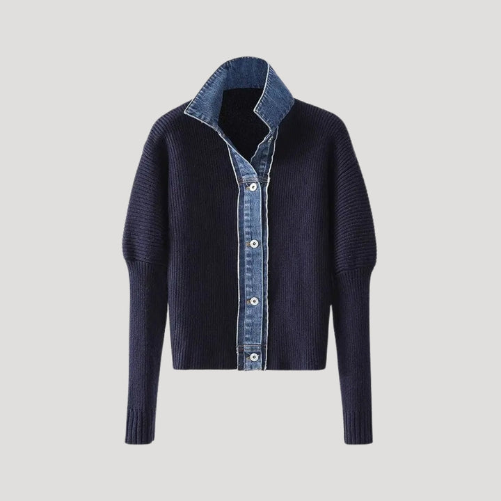 Cardigan a maglia navy da donna con rifiniture in denim