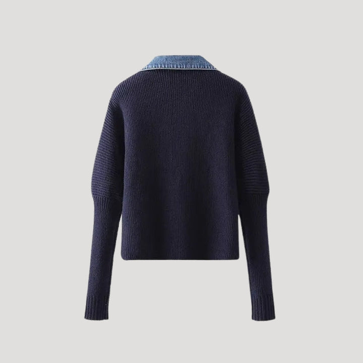 Cardigan a maglia navy da donna con rifiniture in denim