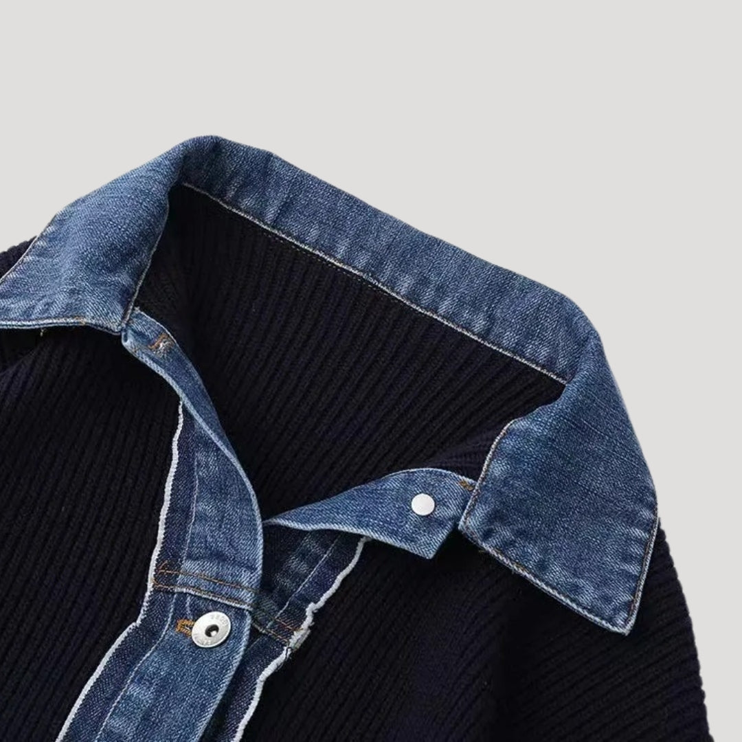 Cardigan a maglia navy da donna con rifiniture in denim