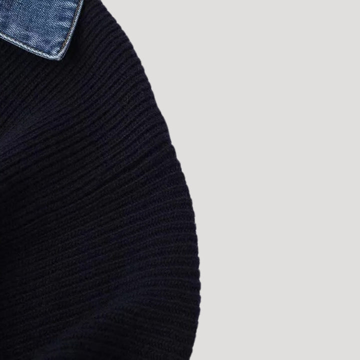 Cardigan a maglia navy da donna con rifiniture in denim