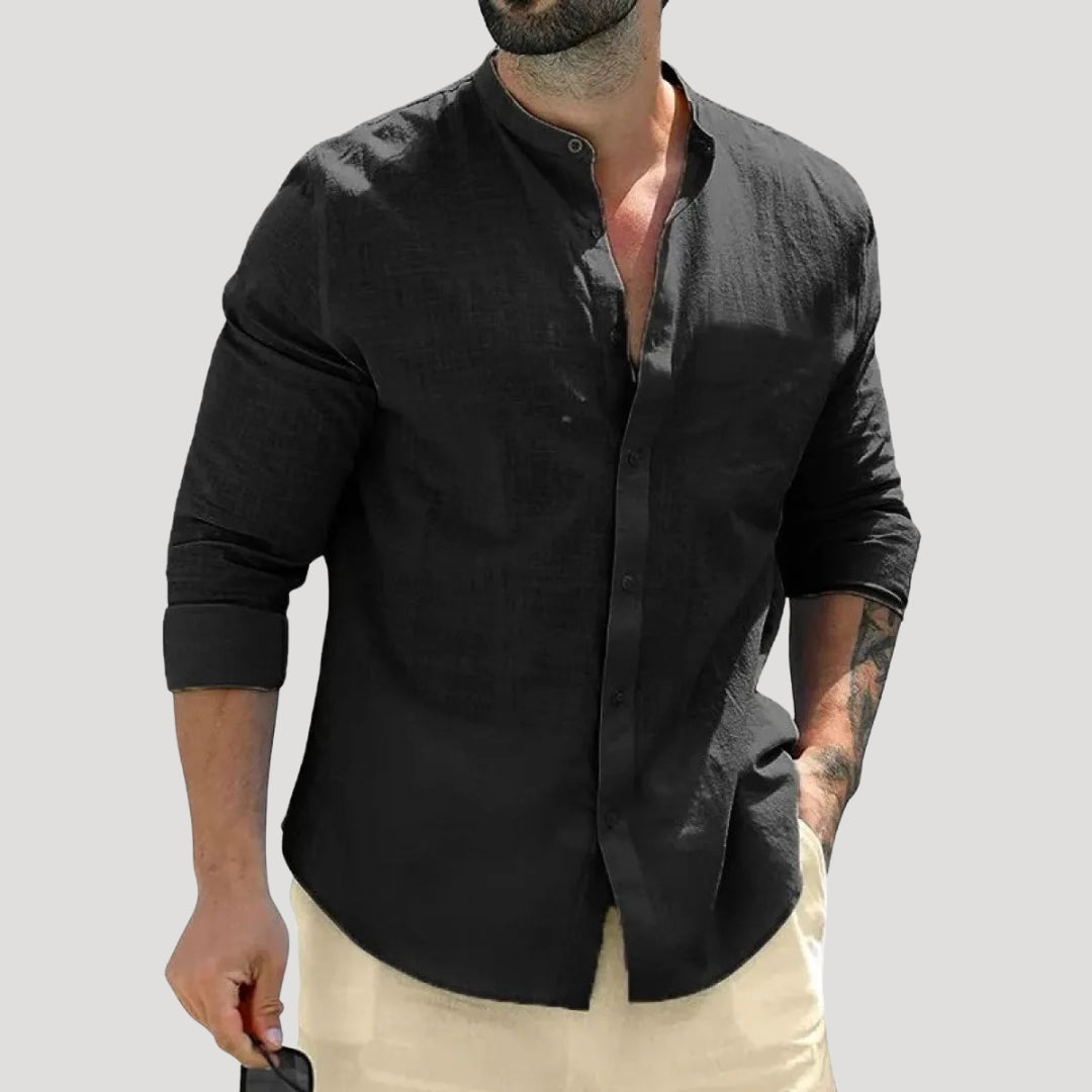 Camicia casual a maniche lunghe in lino con colletto alla "nonno" da uomo