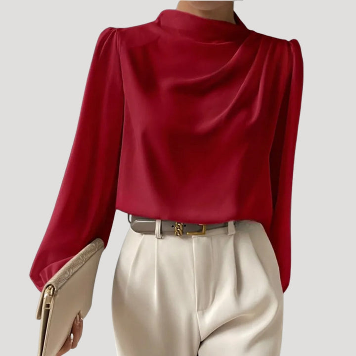 Blusa in satin da donna a maniche lunghe con collo alto