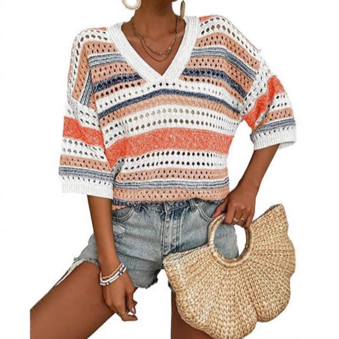 KELISE™ – Casual Striped Crochet V-Neck Summer Top
